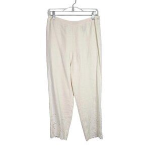 KATE HILL 100% Linen Crop Pants size 8 P OFF WHITE BEIGE Floral Cut Out Summer